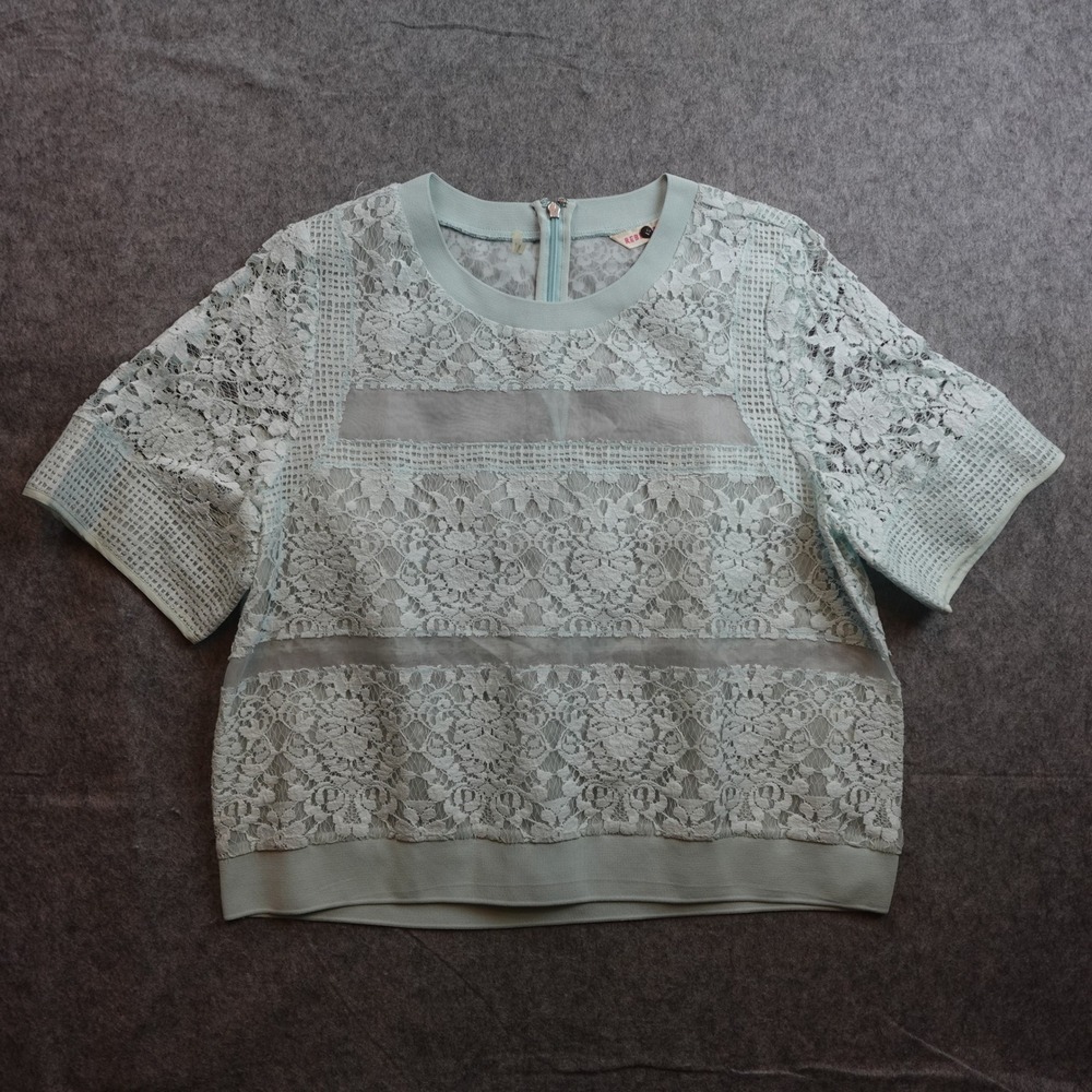 Rebecca Taylor Top Womens 12 Blue Lace Blouse Crew Neck Short Sleeve Feminine